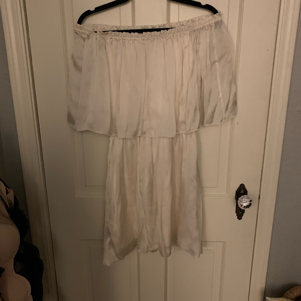 White silk off the shoulder dress